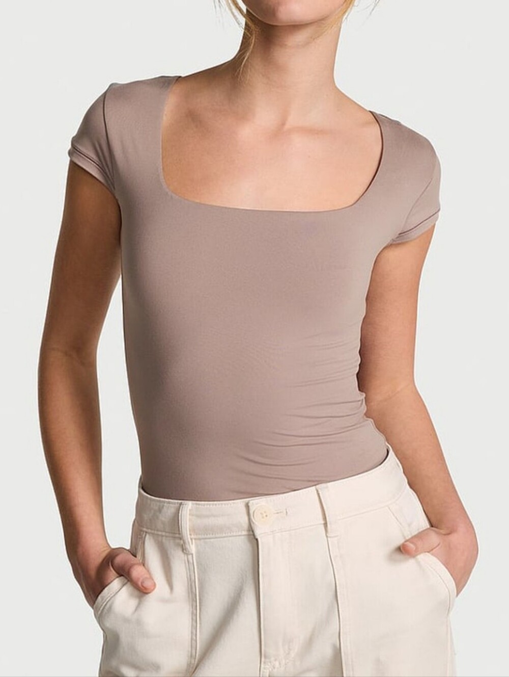 PINK Victoria's Secret Base Stretch Cap Sleeve Tee Iced Coffee Size Medium